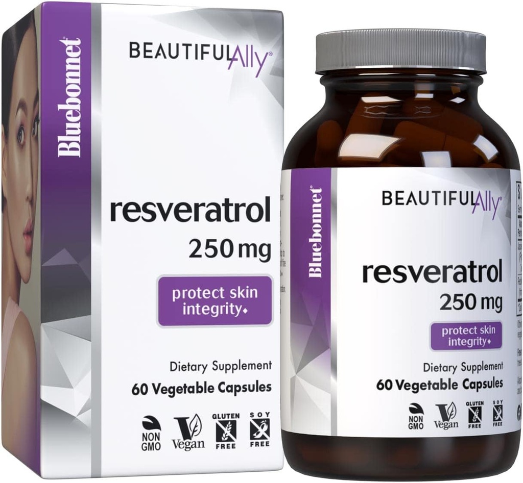 Bluebonnet Uzturs Skaists Ally Resveratrol 250mg, Labākais ādai, Antioksidants, Skaistumkopšanas Nutrient, Vegan, Veģetārietis, Ne ĢMO, Nav lipekļa, Bez sojas, 60 Dārzeņu kapsulas, 60 Kalpo
