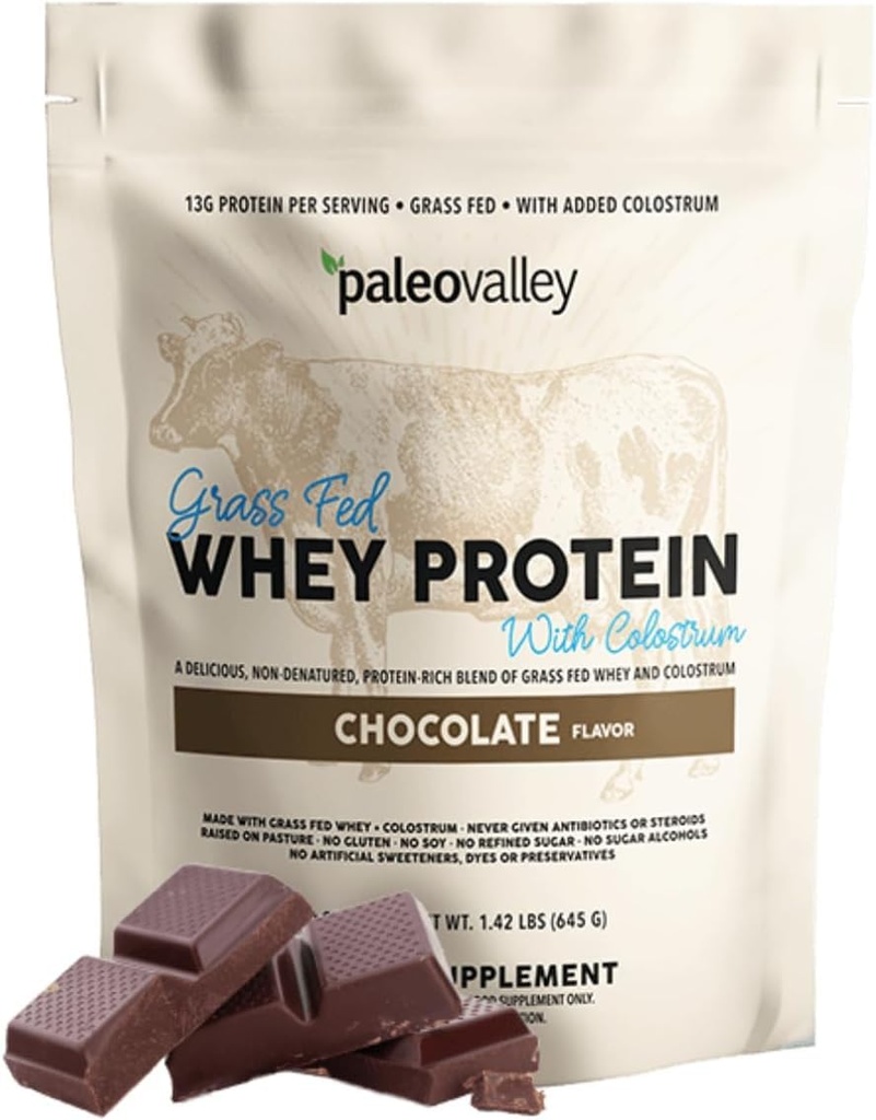 Paleovalley 100% Grassfed sūkalu proteīns Pulveris ar jaunpiens, 13g proteīns, Šokolāde, muskuļu ēka, Imūnsupport, Gut Health