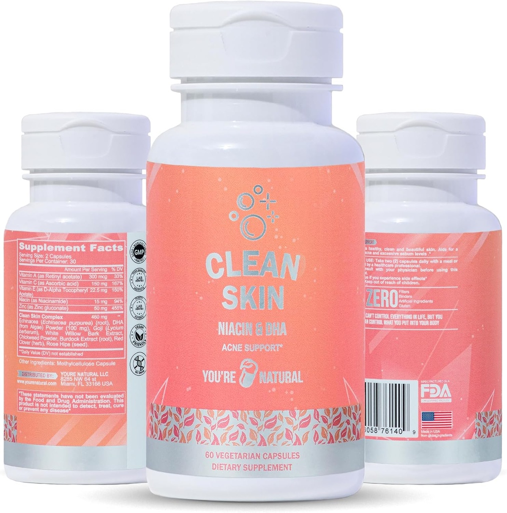 JŪSU NATURAL Clean Skin supplement ; atbalsts pinnes ; ādas atbalsts Vitamīni sievietēm, vīriešiem un pusaudžiem, vitamīns A, cinks, DHA, vitamīns B3, vitamīns C, vitamīns E - bez lipekļa; ražots ASV - 60 kapsulas