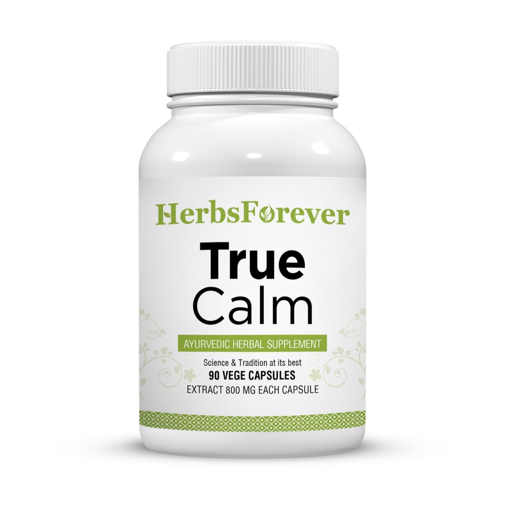 Herbsforever True Calm kapsulas Ājurvēdas augu formula Stresa atvieglošanas formula nodrošina mierīgu un ērtu miegu 90 Vege kapsulas 800 Mg Katra