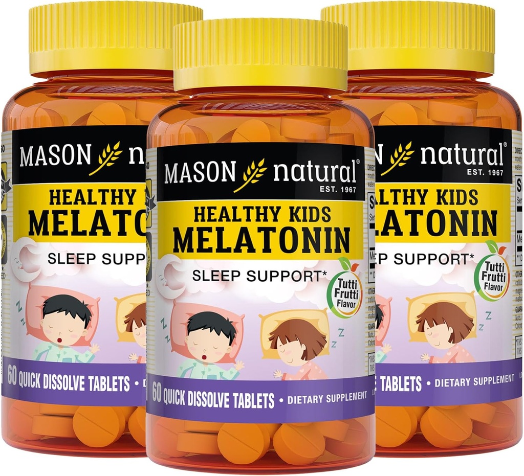 MASON NATURAL veselīgs bērni Melatonīns bērniem, uztur veselīgu miegu, ātras darbības, augļu uzlējumi, 60 Quick Izšķīdiniet tabletes (3. iepakojums)