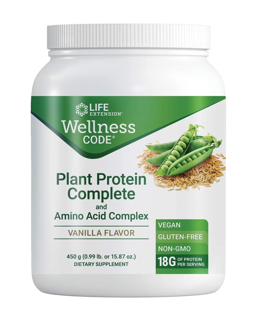 Life Extension Wellness Code® Plant Protein Complete & Amino Acid Complex (Vanilla), Plant-Based Protein Pulveris Plus sazarotas-Chain aminoskābes, bez lipekļa, ne-GMO, veģetārs, 450 Grams