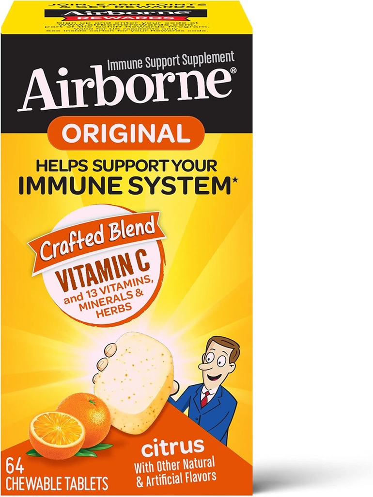 Airborne 1000mg C vitamīna košļājamās tabletes ar cinku, imūno atbalsta papildinājums ar spēcīgiem antioksidantiem vitamīnu A C & E - 64 košļājamās tabletes, Citrus Flavor