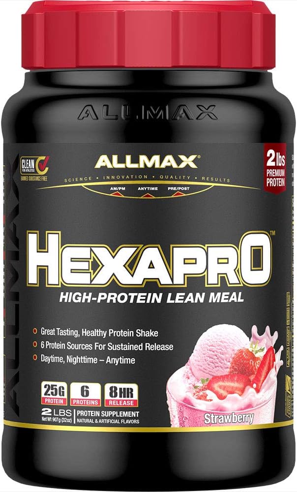 ALLMAX HEXAPRO, zemeņu - 2 lb - 25 Olbaltumvielas Grams uz vienu kalpot - 8 stundu ilgstoša atbrīvošana - Nulles cukurs - 21 Kalpo