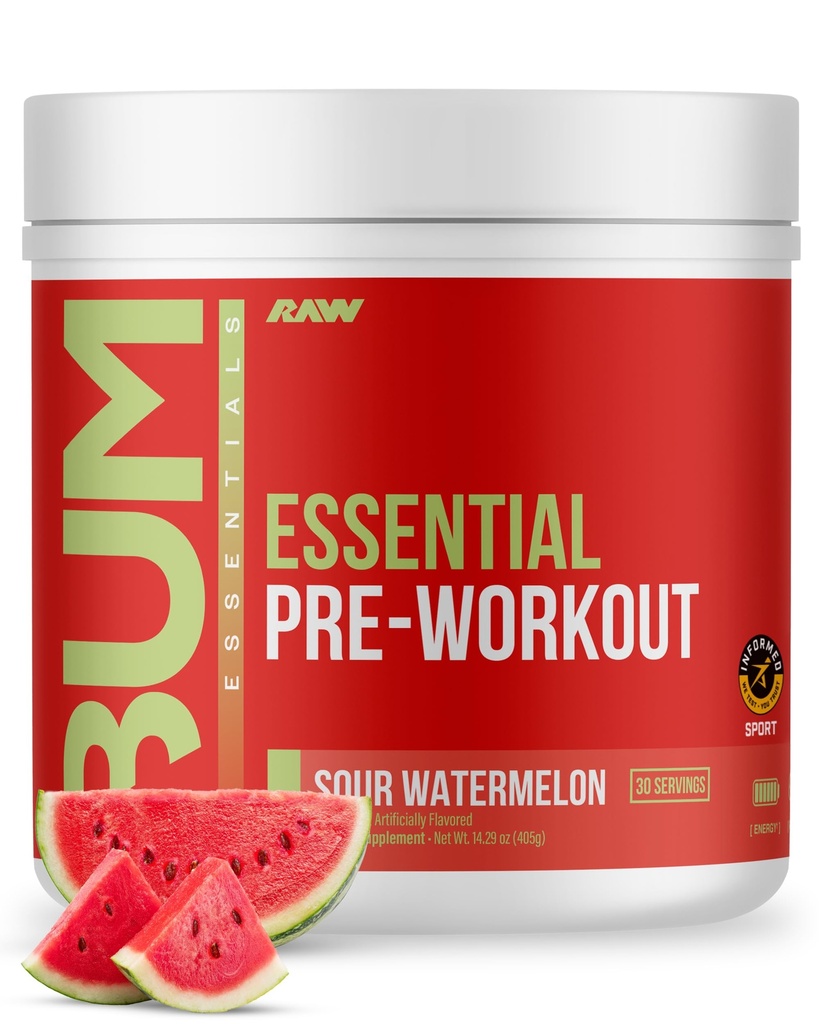 RAW Essential Pre-Workout pulveris (Ātrais arbūzs) - Chris Bumstead Sports Nutrition papildinājums vīriešiem un sievietēm - Pirms treniņa Enerģijas pulveris ar kofeīnu, L-citrullīnu, L-tirozīnu, un Beta Alanine Blend