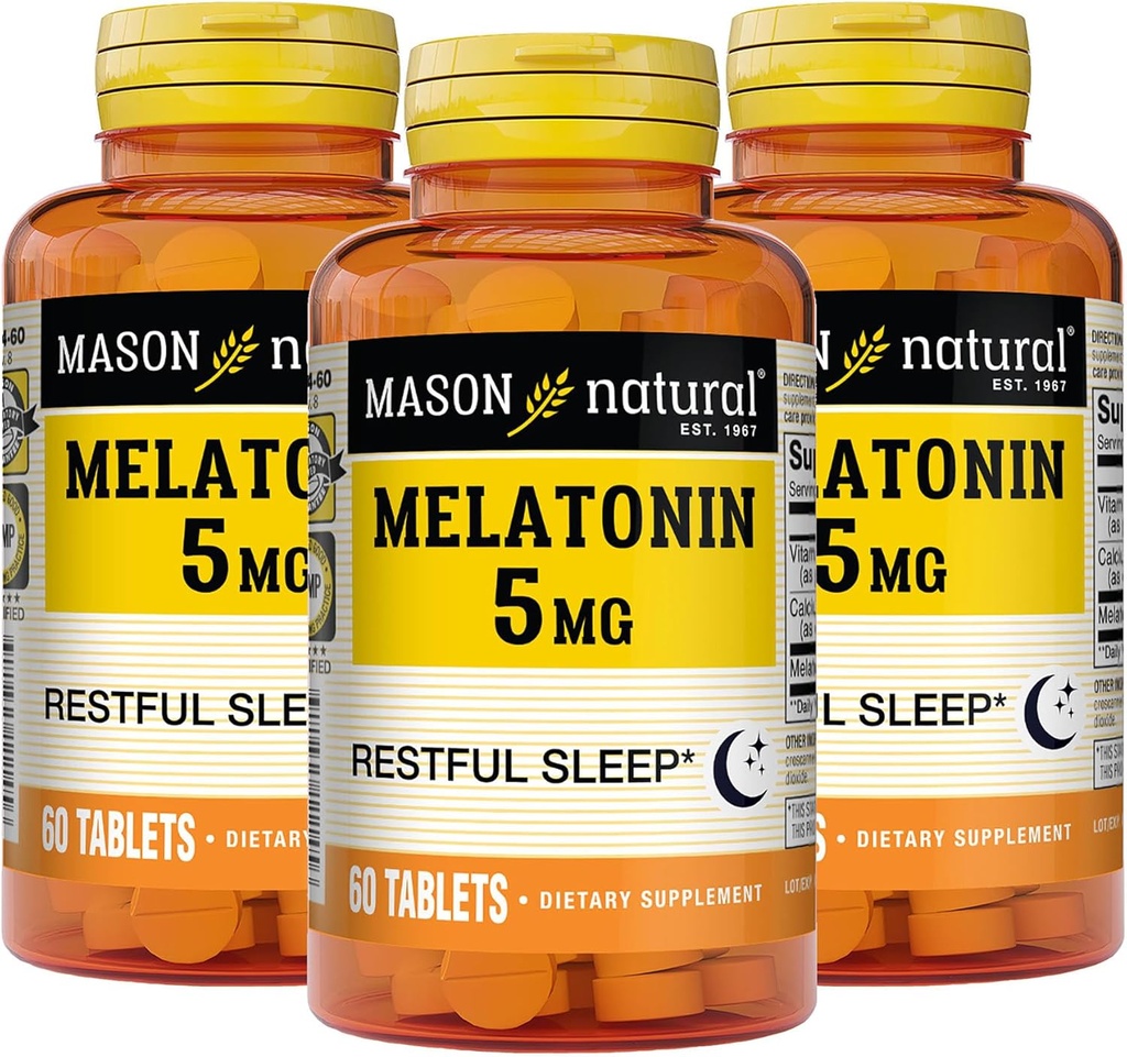 MASON NATURAL Melatonīns 5 mg ar B6 un kalcija dabīgo miega palīglīdzekli, uztur veselīgu miegu un atpūtu, 60 tabletes (3. iepakojums)