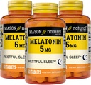 MASON NATURAL Melatonīns 5 mg ar B6 un kalcija dabīgo miega palīglīdzekli, uztur veselīgu miegu un atpūtu, 60 tabletes (3. iepakojums)