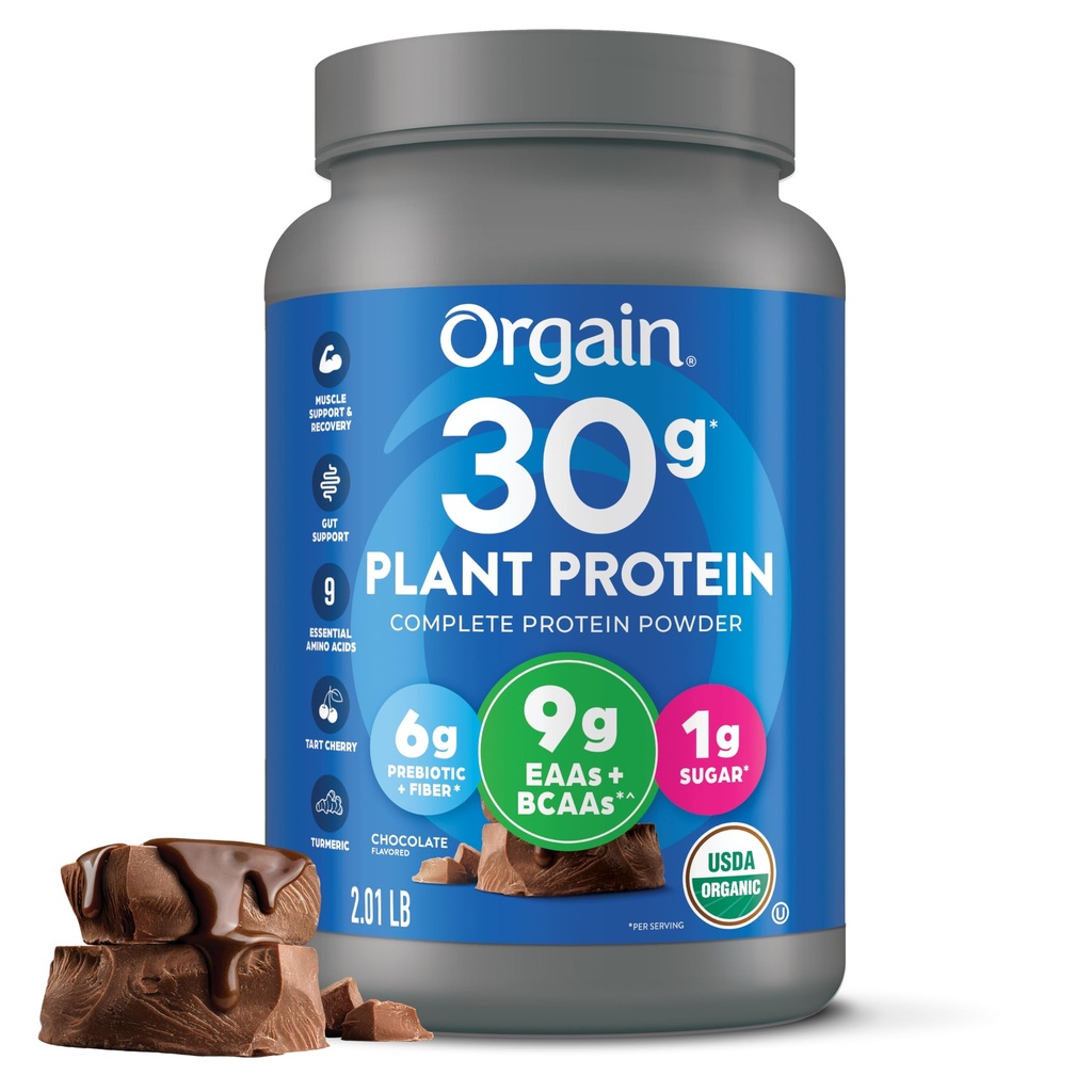 Orgain Organic 30g Vegan Protein Powder, Chocolate 9g EAAs + BCAAs, augu proteīns, 6g Prebiotic + Fiber, 1g Cukurs, Pirms-Darbs, Muskuļu Atbalsts + Recovery - 2.01lb (iepakojums May Vary)