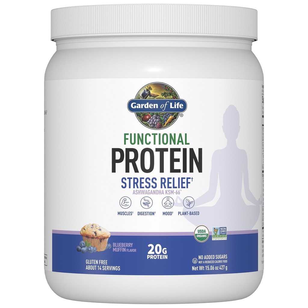 Dārzs Life - Funkcionālās Olbaltumvielas Stress Reliere - 20g Organic Sadīguši & Fermentētas Olbaltumvielas Blend - melleņu Muffin, Mood Blend Stress Management, Ashwagandha KSM-66, Vegan - Par 14 Kalpojumi