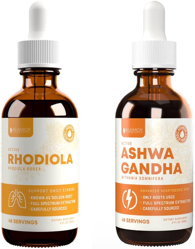 Rejuvica Health Active Rhodiola + Active Ashwagandha - Atbalsts enerģija + Stress - šķidruma piegāde labākai absorbcijai - Rhodiola Sakne & Ashwagandha Sakne
