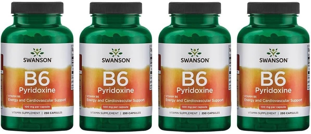 Svonsons B6 Piridoksīns - Vitamīnu papildterapija Kardiovaskulārās veselības un enerģijas vielmaiņas veicināšanai - Dabiskā formula, kas veicina vispārējo labsajūtu - (250 kapsulas, 100mg katra) (4 iepakojumi)