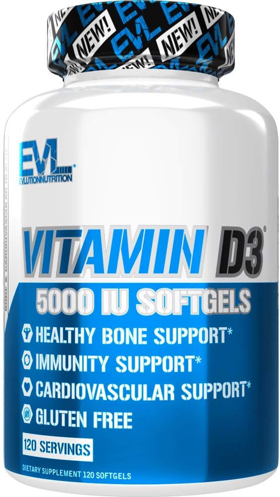 Evlution Nutrition vitamīns D3, 5000 SV augsts potences, kaulu un locītavu atbalsts Imūnsistēmas veselība, ne- GMO un bez lipekļa, Vērtības lielums (120 Servē)