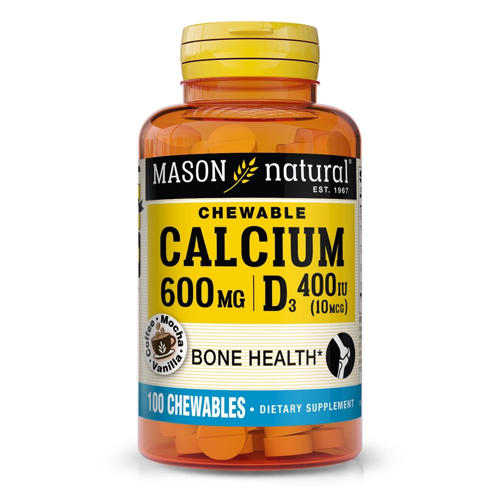 MASON NATURAL Kalcijs 600 mg ar vitamīnu D3, 100 dienu piegādes, atbalsta veselīgu kaulu un normāla muskuļu funkcija, kafija Mocha Flavor, 100 košļājamās vielas