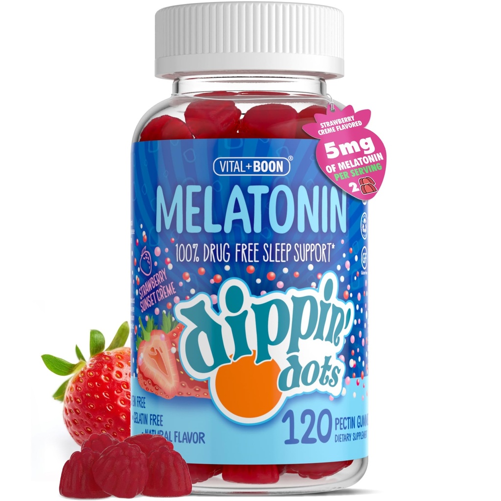 Dippin Dots - Melatonin Gummies for Kids & Adults (60 dienu piegādes) Zemeņu saulrieta Creme Flavor - 2.5mg Per Kids Melatonin Papildinājums ātrākam, ilgākam miegam ) Gumijas bērniem (120 grāfs)