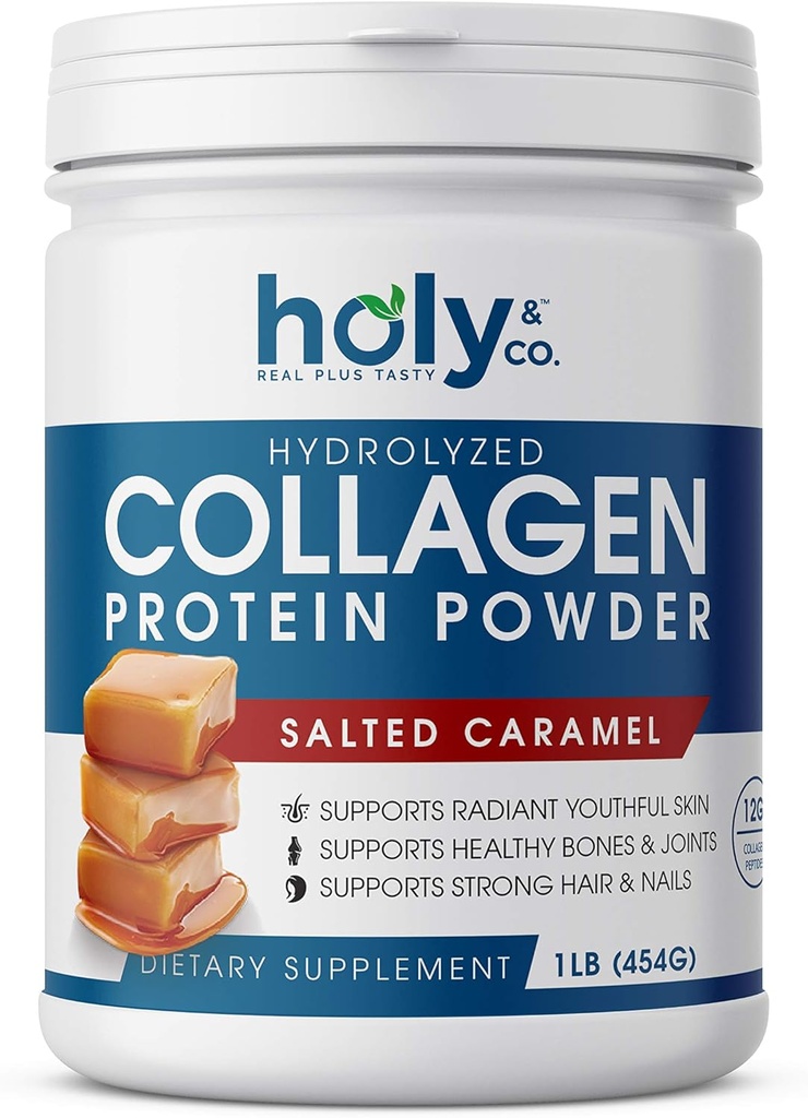 Holy and Co. Collagen Peptides Protein pulveris vīriešiem un sievietēm - ne-ĢMO, Keto/Paleo Friendly, bez košera un glutēna - sālīts karamel 16oz (1LB)