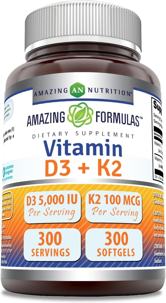 Amazing Formulas D3 vitamīns 5000 SV ar vitamīnu K2 100 Mcg - D3 + K2 Complex Papildinājums - Softgels -- Non-GMO --Lutten-Free -Ražots ASV (1 Pack, 300 Count)