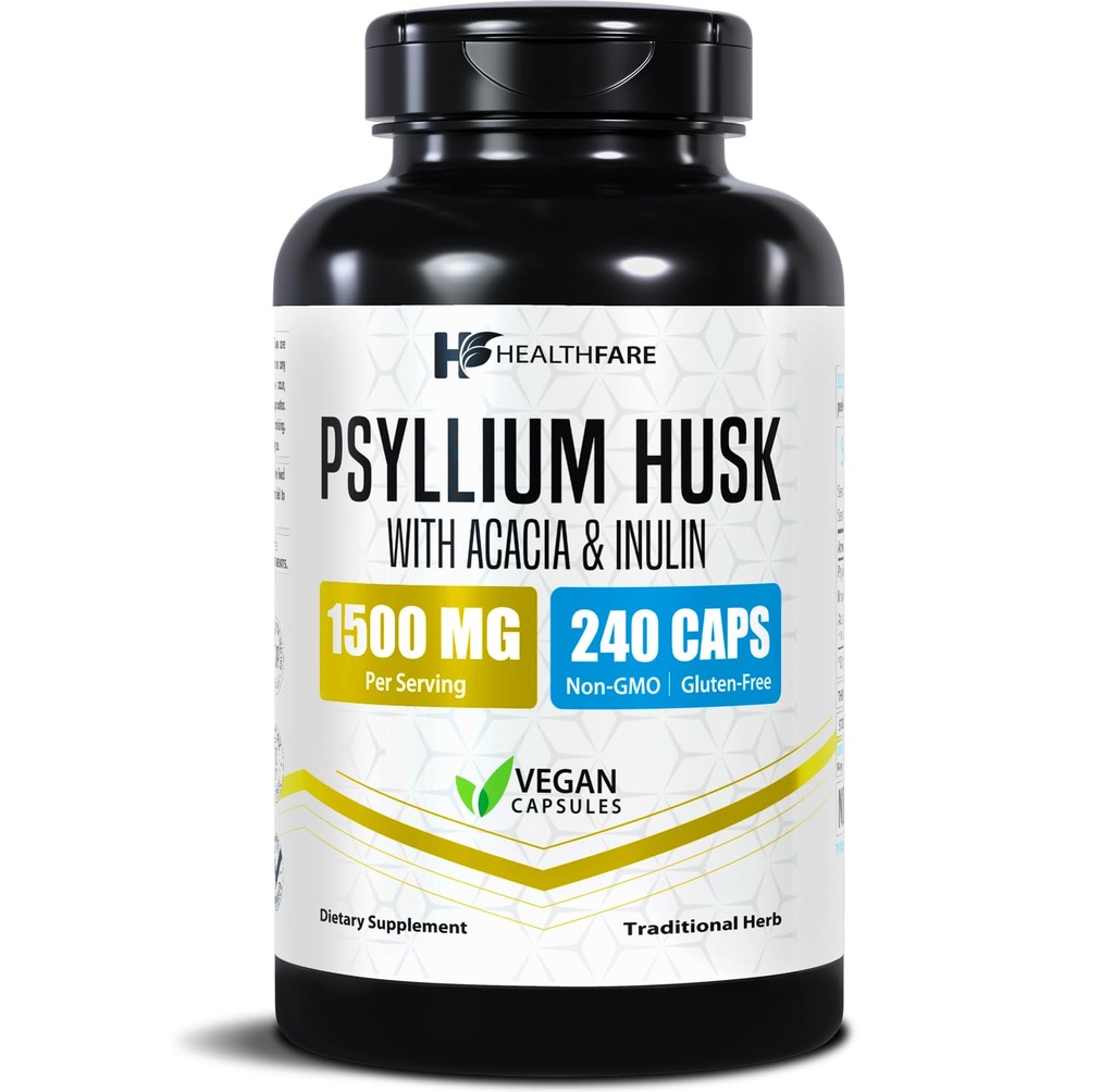 Healthfare Psyllium Husk Fiber 1500mg - 240 Vegan Kapsulas - Extra Strength Fiber papildinājums -- Supports Gremošanas veselība -- Non-GMO, bez lipekļa --Izgatavots ASV