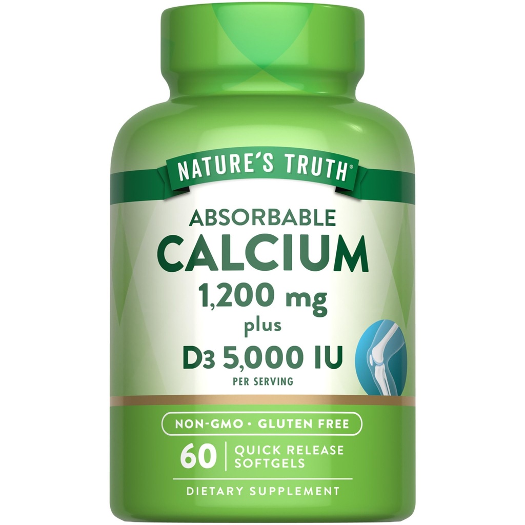 Dabas patiesība Kalcijs 1200mg ar vitamīnu D3 5000 SV - 60 softgeli no kalcija karbonāta ---GMO un bez glutēna piedevas