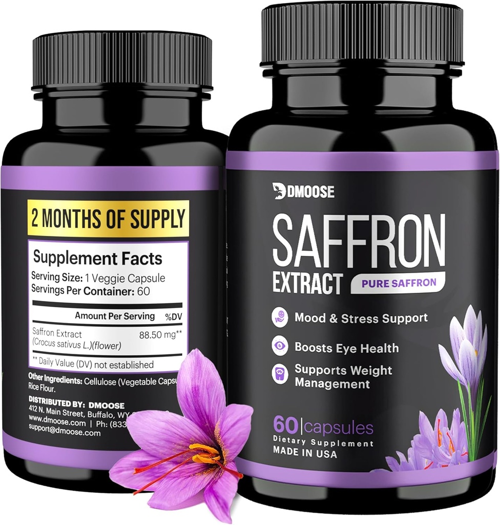 DMoose Saffron ekstrakts (88,5 mg) - Enhancement Energy, Support Acu veselība - Non-GMO Saffron papildinājums vīriešiem un sievietēm - 60 kapsulas (2 mēneši apkalpo) (60 Skaits)