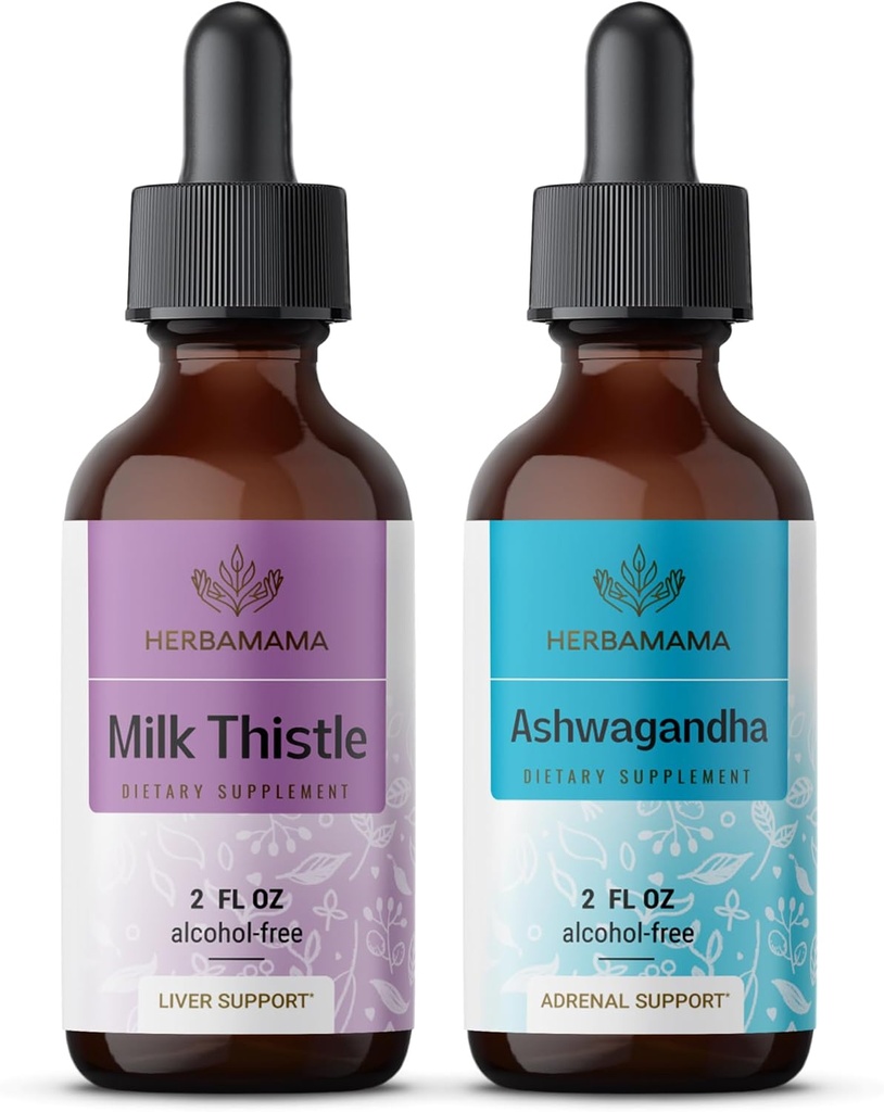 HERBAMAMA Augu šķidrumu pilienu komplekts - Piena gabaliņš Datele ekstrakts un ašwagandha Saknes Tincture 2 fl oz - Vegan, ne-GMO, cukurs un bezalkohola - 2 iepakojumi