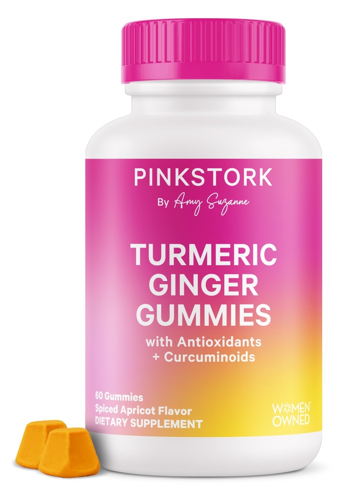 Pink Stork Turmeric Ingver Gumies – Gut & Gremošanas atbalsts sievietēm – Pretputošanas Papildinājums ar antioksidantiem – Spiced Apricot Flavor, 60 Vegan Gumies