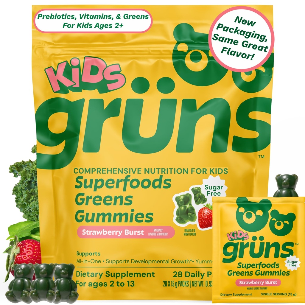 Gruns Multivitamīnu bērniem, Super Greens Gummies, Superfood Gummy Bears ar 20+ Vitamīni un minerālvielas, Spirulina, Hlorella, Prebiotikas Fiber gremošanas veselībai, Adaptogens Papildinājums, 28 dienu piegādes