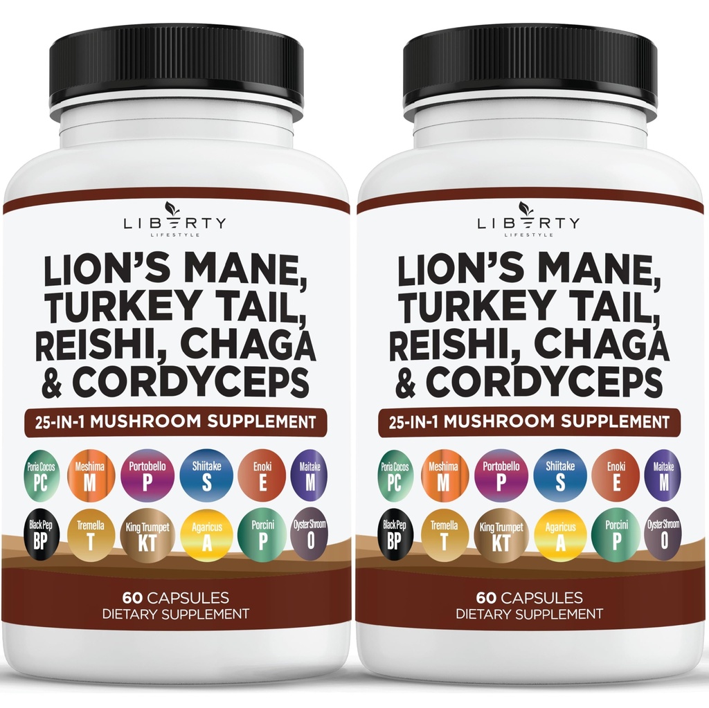 Lauvas Mane Sēnes Papildinājums ar Turciju Taile Reishi Cordyceps Chaga with Marshmallow Root - 2-Pack