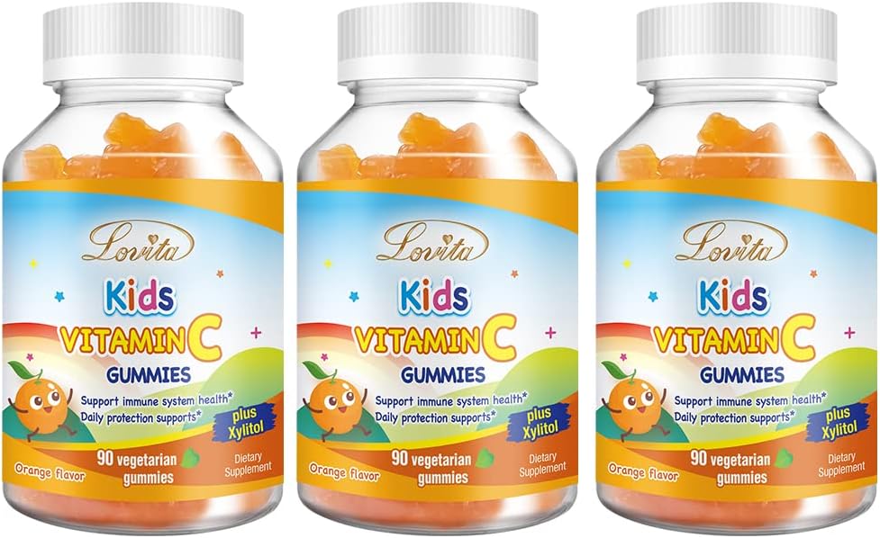 Lovita Vegan C vitamīns Gumijas bērniem, Great Tasting Plant-Based Formula, Imūnfunkcija Atbalsts ar vitamīnu C 150mg katru dienu Servējumi & Ksilitols, Natural Orange Uzliesmo, 90 Gumijas (3. komplekts)