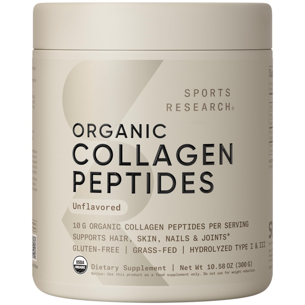 Sporta pētījumi® Organiskie kolagēna peptīdi - hidrolizēts I un III tipa kolagēna proteīna pulveris, kas veidots ilgtspējīgi no zāles-barības govs - USDA Organic· Non-GMO · Bez lipekļa, 30 Servējumi