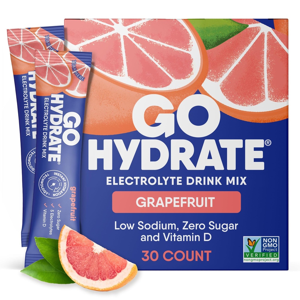 GoHydrate zemu nātrija Elektrolītu pulvera paketes bez cukura - Tūlītēja hidratācija Dzēriens Mix - Nulles cukura ūdens Flavor Packet Vientuļi ar vitamīnu D - (Grapefruit, 30 iepakojumi)