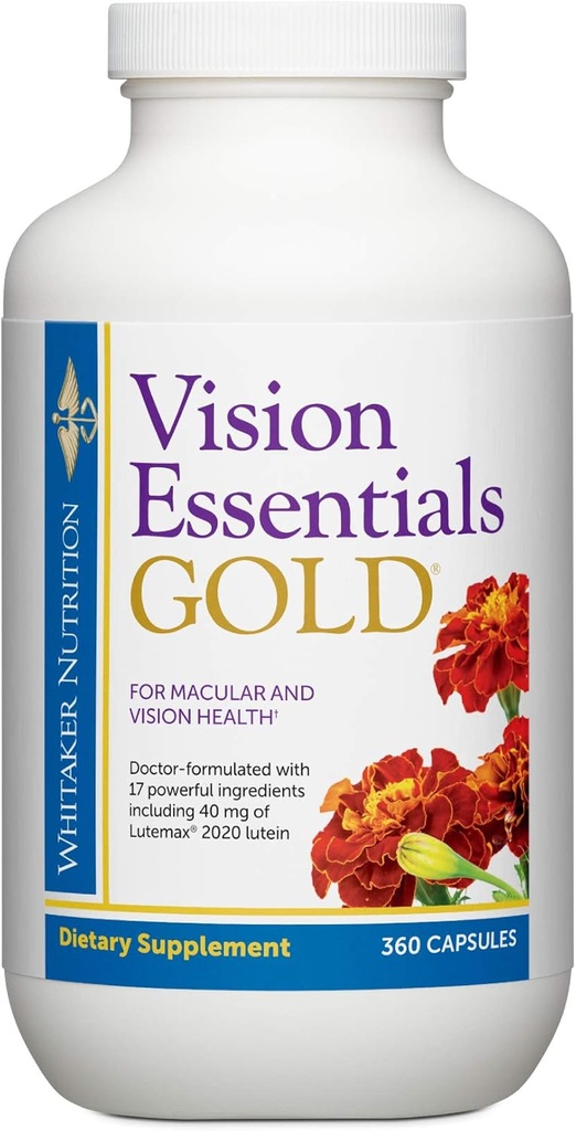 Dr. Whitaker Vision Essentials Gold - Acu veselības papildinājums ar 40 mg luteīna Plus vitamīns A & Zeaxanthin - atbalsta Macular Health un vairogs acis pret zilu gaismas iedarbību (360 kapsulas)