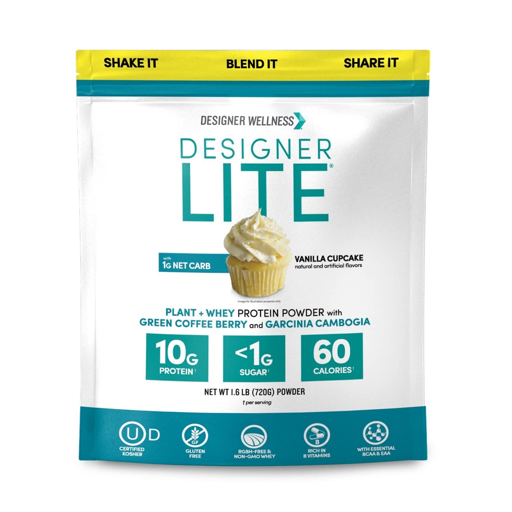 Dizainers Wellness, Designer Lite, Zema kaloriju dabas proteīns, Prebiotic Fiber, Key Vitamīni & Minerals, Vanilla Cupcake, 25.6 Ounces