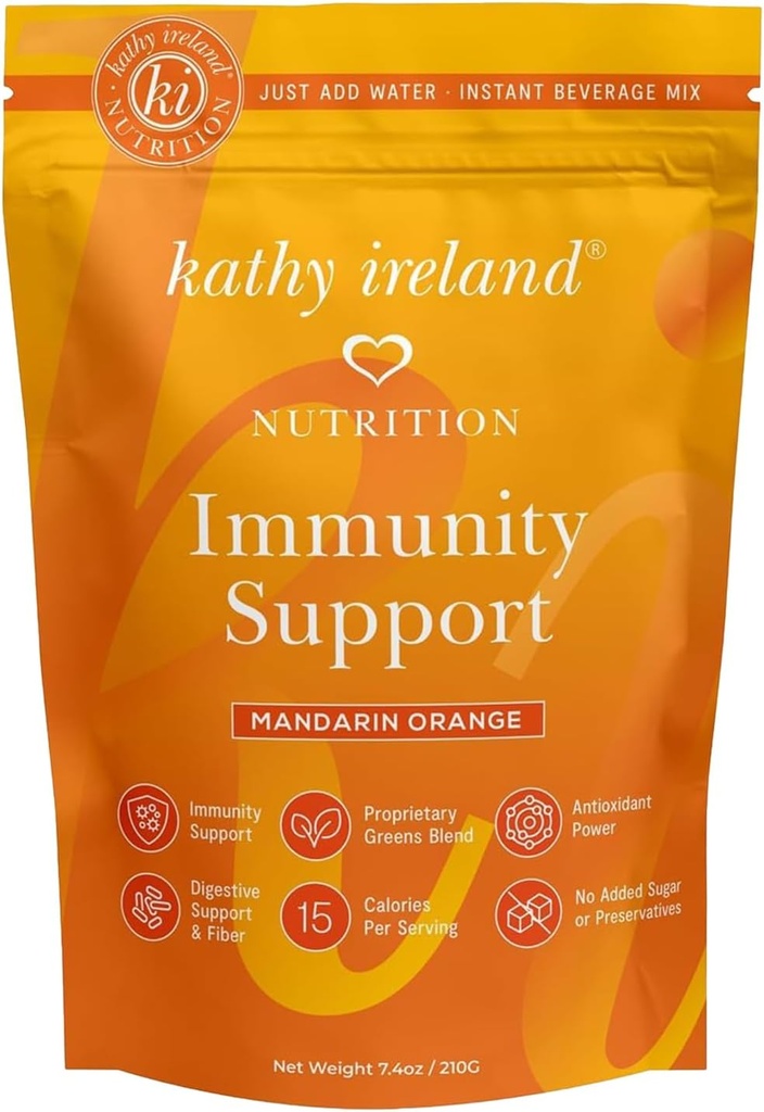 kathy ireland Imūnās atbalsta pulveris, Wellness Booster, Immunity Defense Papildinājums ar vitamīnu C, D, Cinka un plūškoka, Instant Drink Mix, Mandarine Orange, 7,4 oz