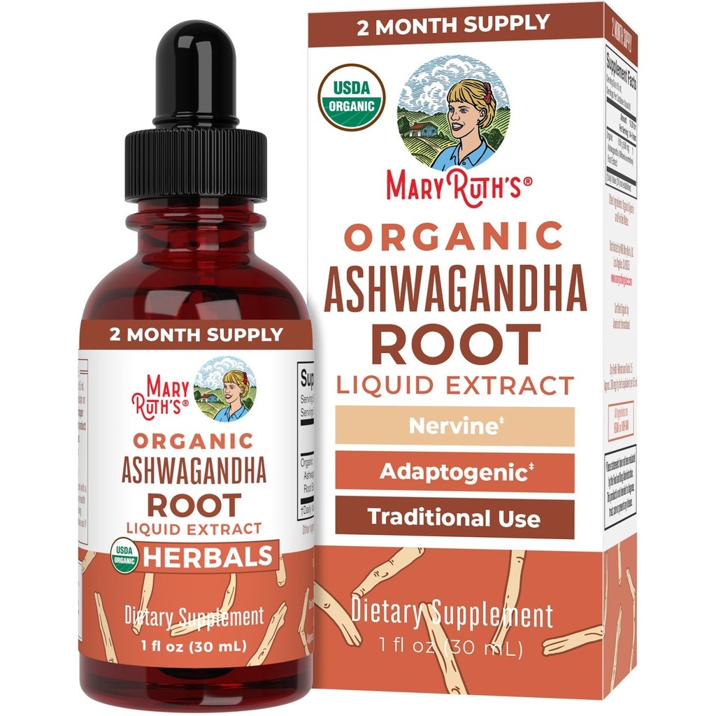 MaryRuth Organics Ashwagandha Sakne - USDA Organiskie Ashwagandha Šķidrie pilieni - Stress Relief, Dabīgais kalms, Relaksācija un Mood Support Papildinājums - Adaptogēnais - Nervīns - Vegan - Non-GMO - 60 Kalpojumi