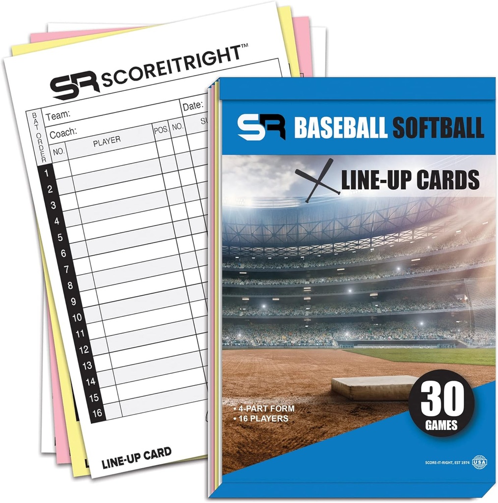 Beisbola/Softball Lineup kartes – 16 Spēlētāju grāmatas formāts Lineup kartes 30 spēlēm – Flipbook Carbon Copy 4 Part Form – Laika taupīšana un Praktiskie Baseball Coaching piederumi