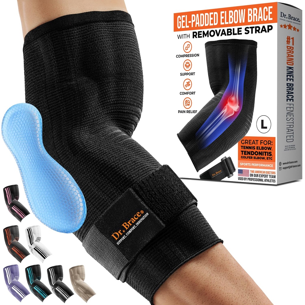 DR. BRACE® Elite Elbow Brace atbalsts, Elbow kompresija piedurkne ar Gel Pad Golfer s, Tenisa Elbow & Tendonīts ārstēšana un sāpju atvieglojums 2024 (melns, liels)