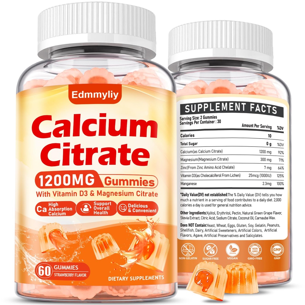 Kalcija citrāta papildinājums Gumijas pieaugušajiem - Bezcukura kalcija citrāts 1200 Mg ar magnija 300 Mg & vitamīnu D3 - Organiskās košļājamā kalcija piedevas sievietēm un vīriešiem