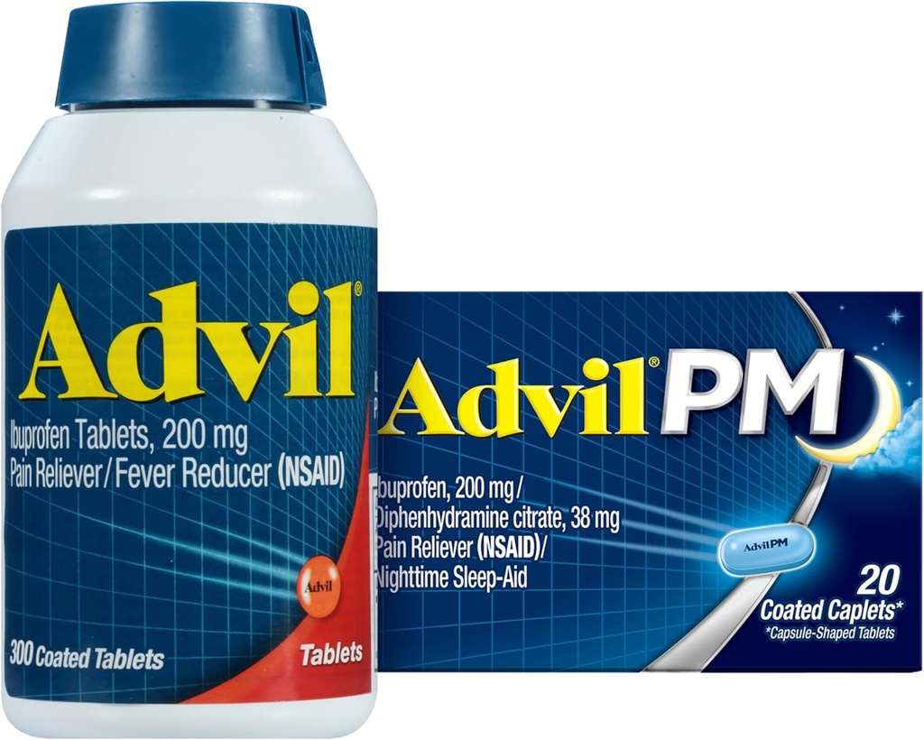 Advil sāpes Reliver un drudzis Reduktors, Ibuprofēns 200mg sāpju mazināšanai - 300 grāfs, Advil PM sāpes Reliver un nakts miega palīglīdzeklis, Ibuprofēns sāpju atvieglošanai un difenhidramīna citrāts - 20 grāfs