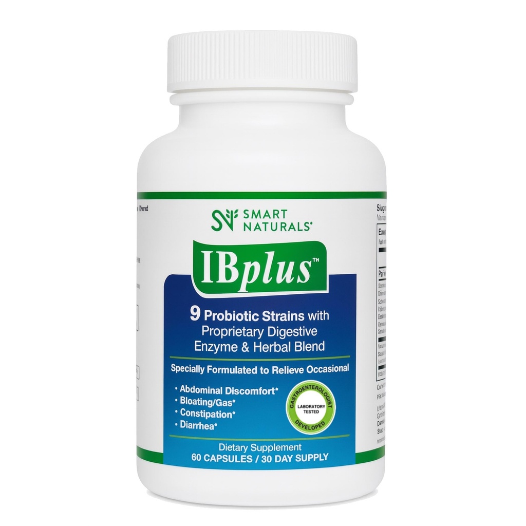 IBplus® probiotika, gremošanas enzīmi un augu izcelsmes preparāti, uzlabotas formulas-60 kapsulas!! kairinātiem asinsvadiem - sāpes vēderā, aizcietējums, caureja, gāze/peldēšana – patentēta formula ar Smart NaturalsTM