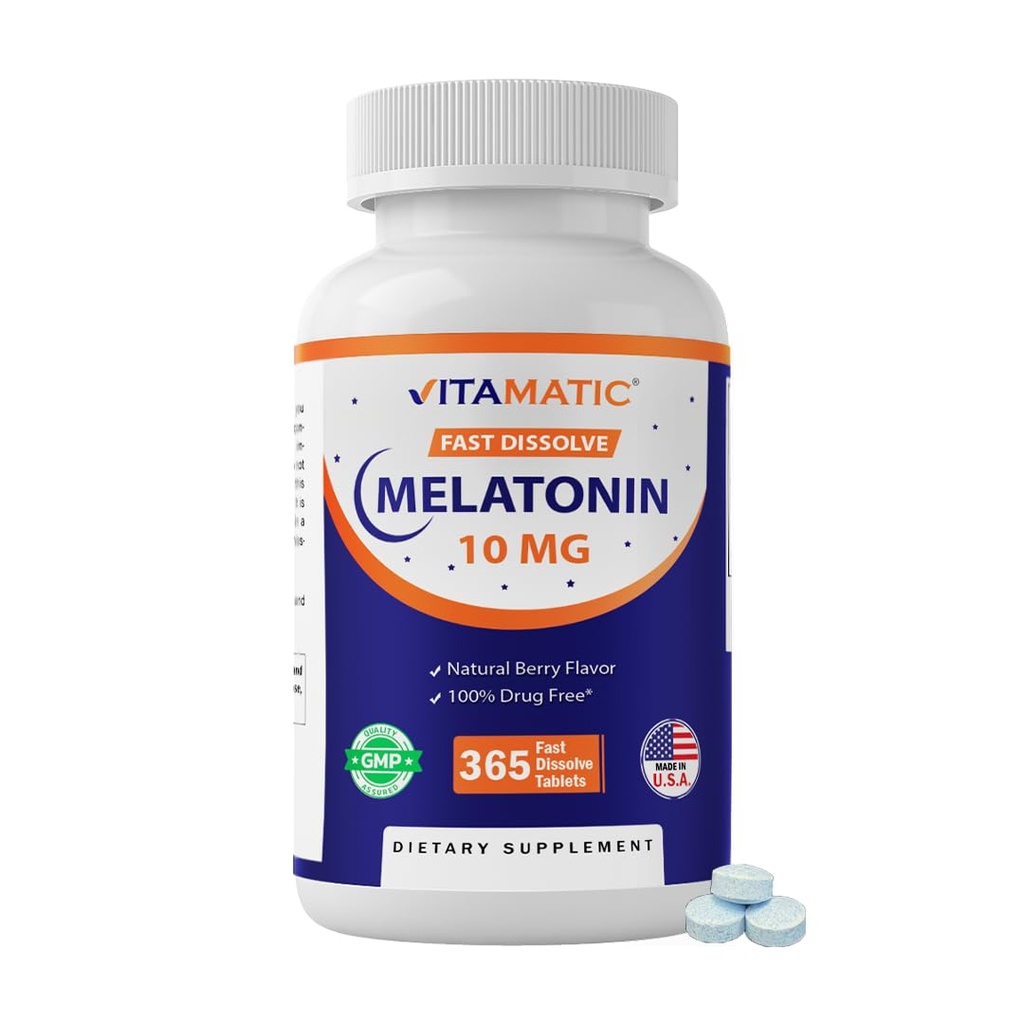 Vitamatic Melatonin 10 mg ātras šķīdināšanas tabletes – Ātras šķīdināšanas miega palīglīdzeklis pieaugušajiem – Veģetārs, ne-GMO un bez lipekļa – Dabīgs ogu uzliesmotājs – 365 tabletes