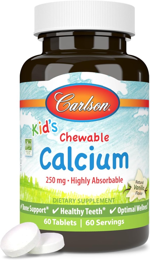 Carlson - Košļājamais kalcijs, 250 mg, viegli absorbējams, kaulu un zobu atbalsts, optimāla labsajūta, dabas Vanilla Flavor, 60 tabletes