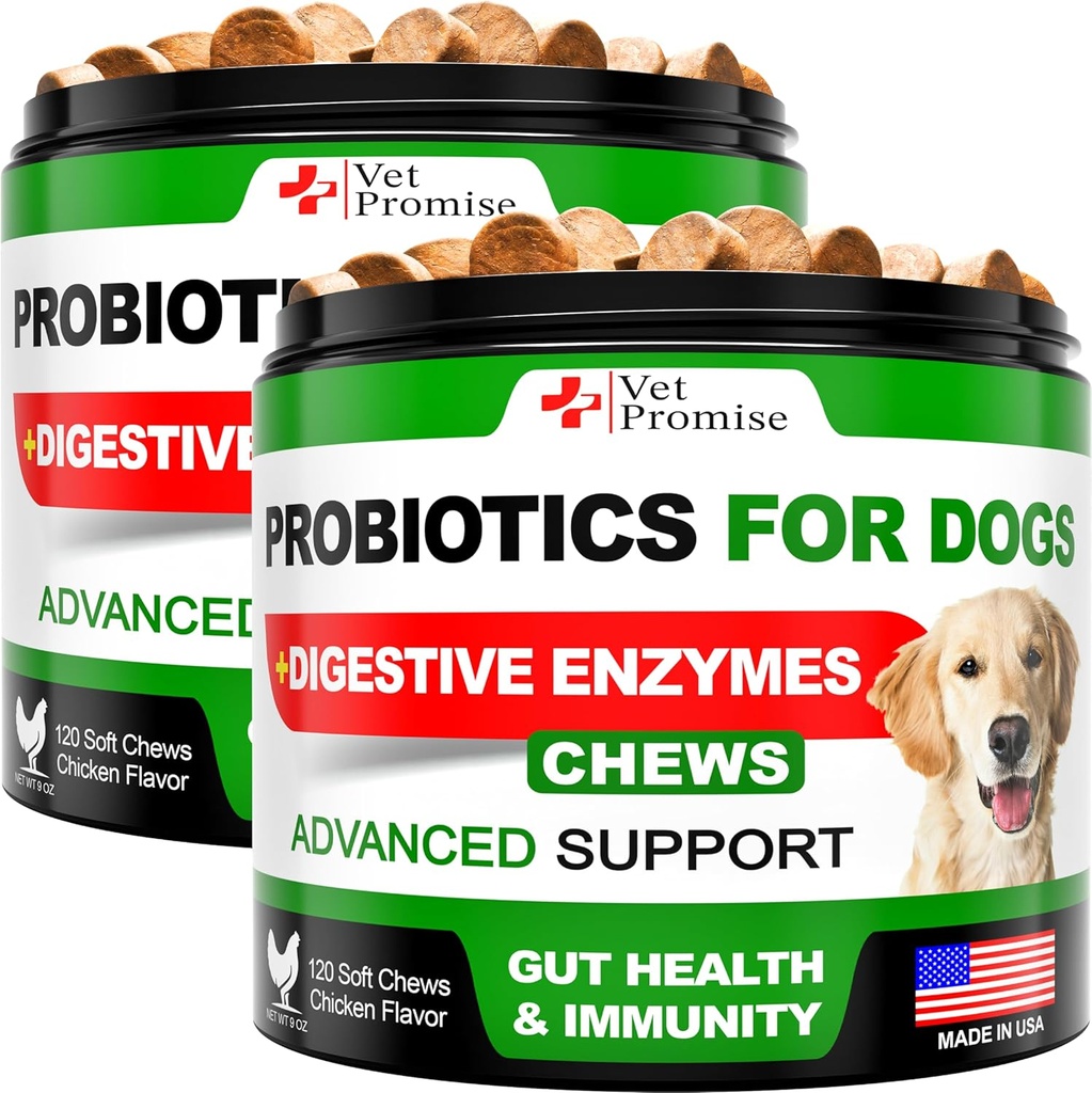 (2 Pack) Probiotikas suņiem - Suņu probiotikas un gremošanas enzīmi Gut veselībai, Niezoša āda, Alerģija, Imunitāte, Rauga līdzsvars - Prebiotikas - Samazināt caureju, Gāzes - 240 Probiotikas Chews suņiem