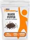 BulkSupplements.com Black Pepper Extract Powder - Black Pepper papildinājumi, Piperine bagātinātāji - Vegan & Gluten Free, 20mg per Serving, 250g (8.8 oz) (iepakojums no 1)