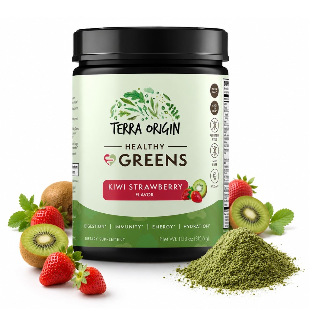 TERRA IZCELSMES Veselīgi zaļie pūderi Blend - Superfoods, Probiotikas, Fermenti, Spirulina - Imūnās un Gremošanas Gut Health Support - Enerģija un labsajūta Boost - 30 Kalpojumi (Kiwi Zemeņu)