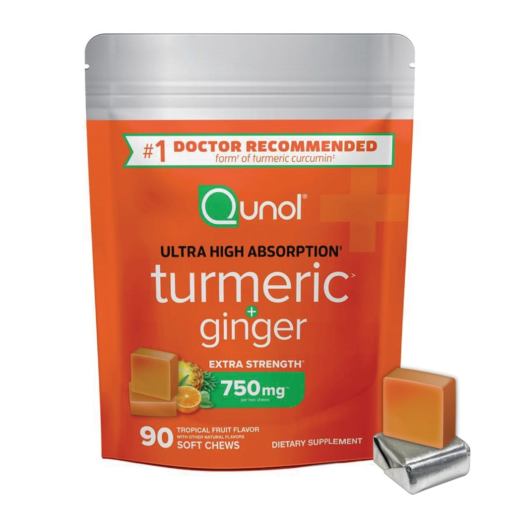 Qunol Turmeric un Ginger Soft Chews, 750mg Turmeric Papildinājums, Ultra High Absorbcija, lai atbalstītu kopīgu veselību, 90 Skaits