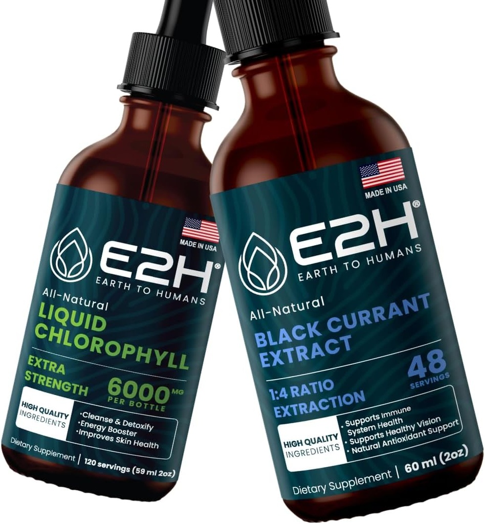 E2H: šķidrs hlorofils un dabīgs upeņu ekstrakts; Vegāns, ne-ĢMO — 2 Fl Oz katrā (4 Fl Oz kopā) — paka