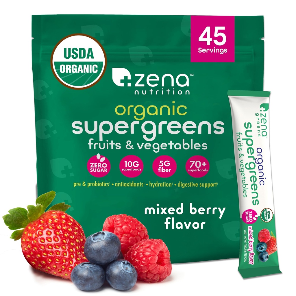 Zena Nutrition Organic Super Greens Powder, 70+ Superfoods, 0 Cukurs, 5G Fiber, Spirulina, Hlorella, Antioksidanti, Prebiotikas/Probiotikas, Gremošanas enzīmi, Jauktas berzes, 45 Dzērienu maisījumi