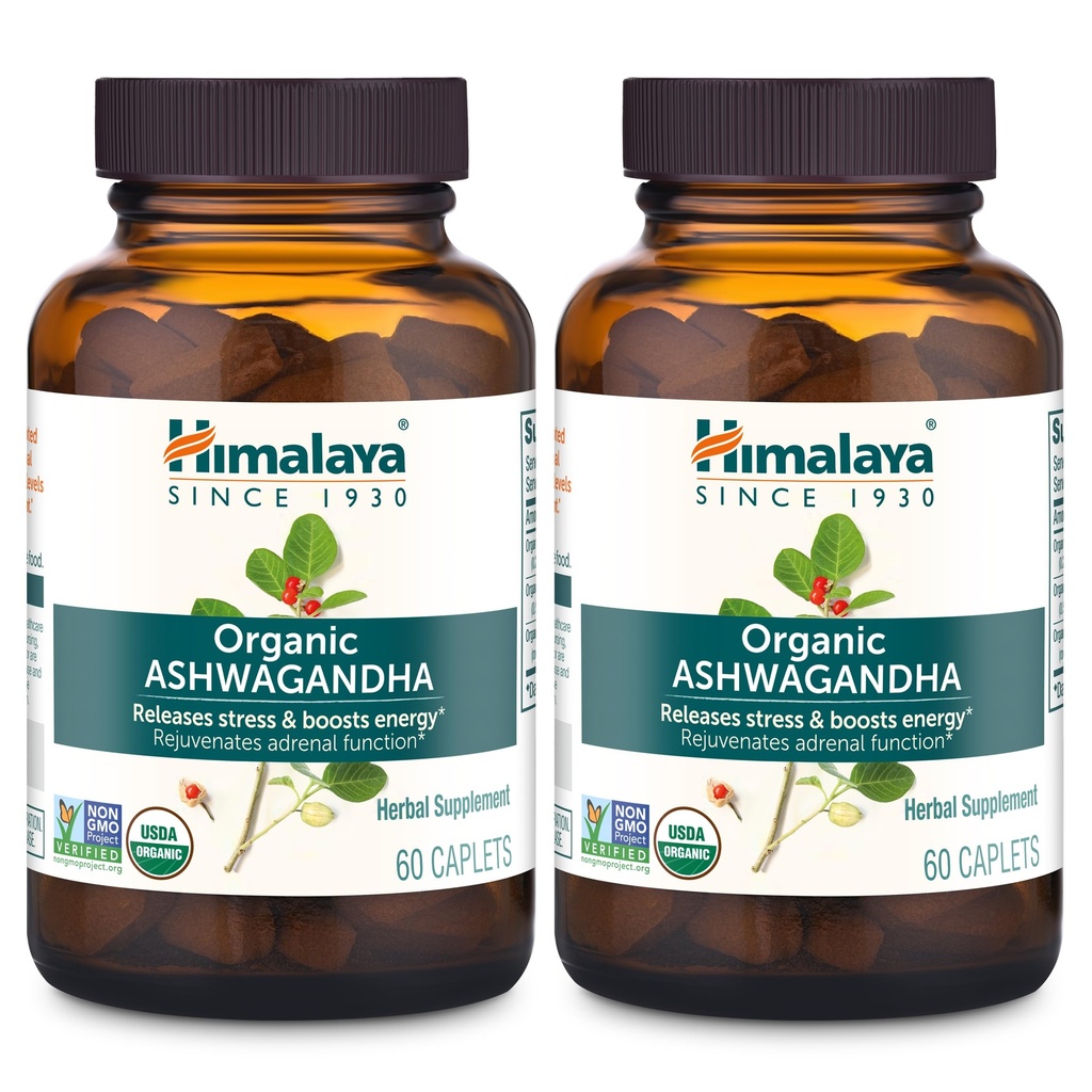 Himalaya Organic Ashwagandha, 120 dienu piegādes, augu papildinājums stresa atvieglošanai, enerģijas atbalsts, dažreiz bezmiegs, USDA Organic, Non-GMO, Vegan, Gluten Free, 670 mg, 60 Caplets, 2 Pack