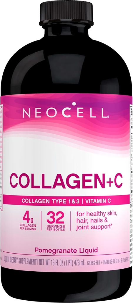 NeoCell kolagēna peptīdi + C vitamīns Šķidrums, 4g kolagēns Per Servē, bez lipekļa, veidi 1 & 3, veicina veselīgu ādu, matu, nagu un locītavu atbalsts, granātābols, 16 Oz