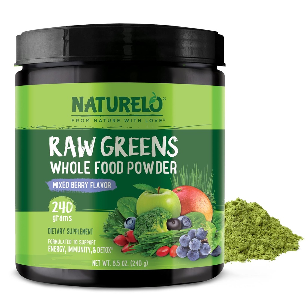 NATURELO Raw Greens Superfood Powder 240 Grams, Jaukti ogu izstrādājumi - Atbalsta enerģija, imunitāte un detokss - Ietver Spirulina, Kviešu zāli un organiskos zaļumus pilnvērtīgam pārtikas uzturam